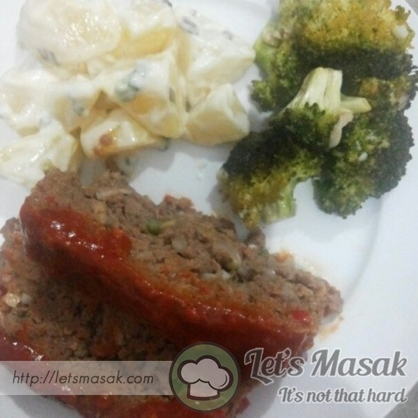 Meatloaf Served With Potato Salad And Roasted Garlic Broccoli
